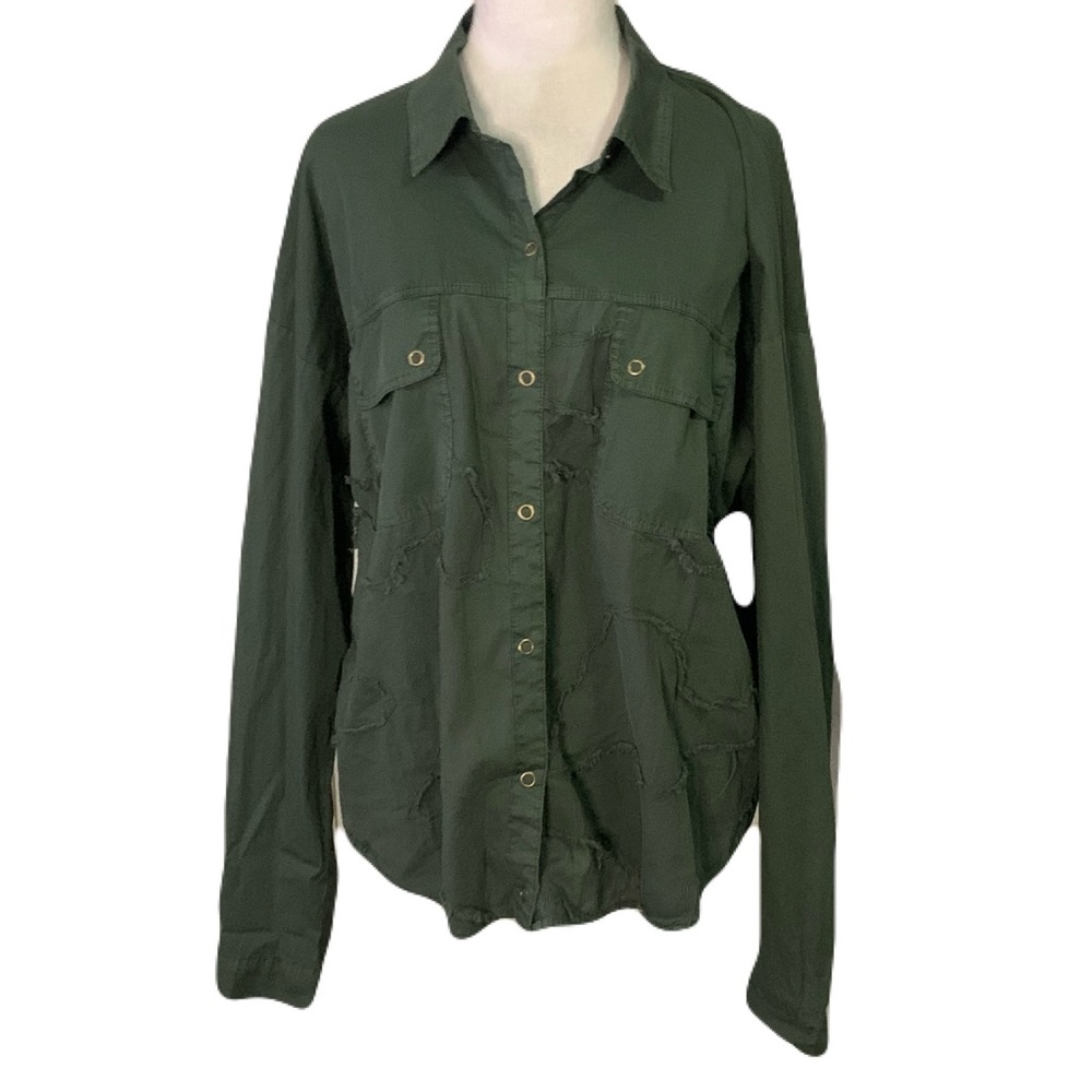 XCVI Womens XL Green Snap Long Sleeve Pepin Distressed Trim Schacklet Shirt
